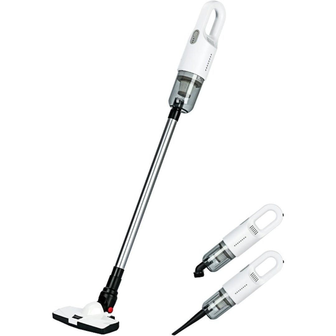 Cet aspirateur au format balai associe l'entretien des tapis et une alimentation rechargeable