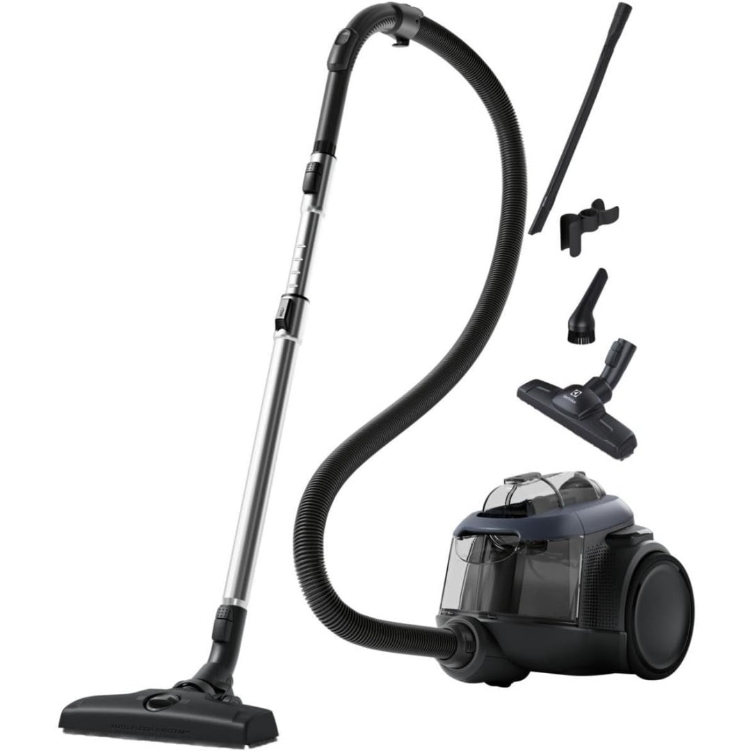 Cet aspirateur au format traineau combine l'entretien des sols et la collecte de la poussiere